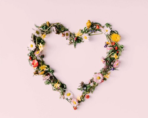 Hotel Sonnenhof Herz aus kleinen Blumen und Blättern auf rosa Hintergrund