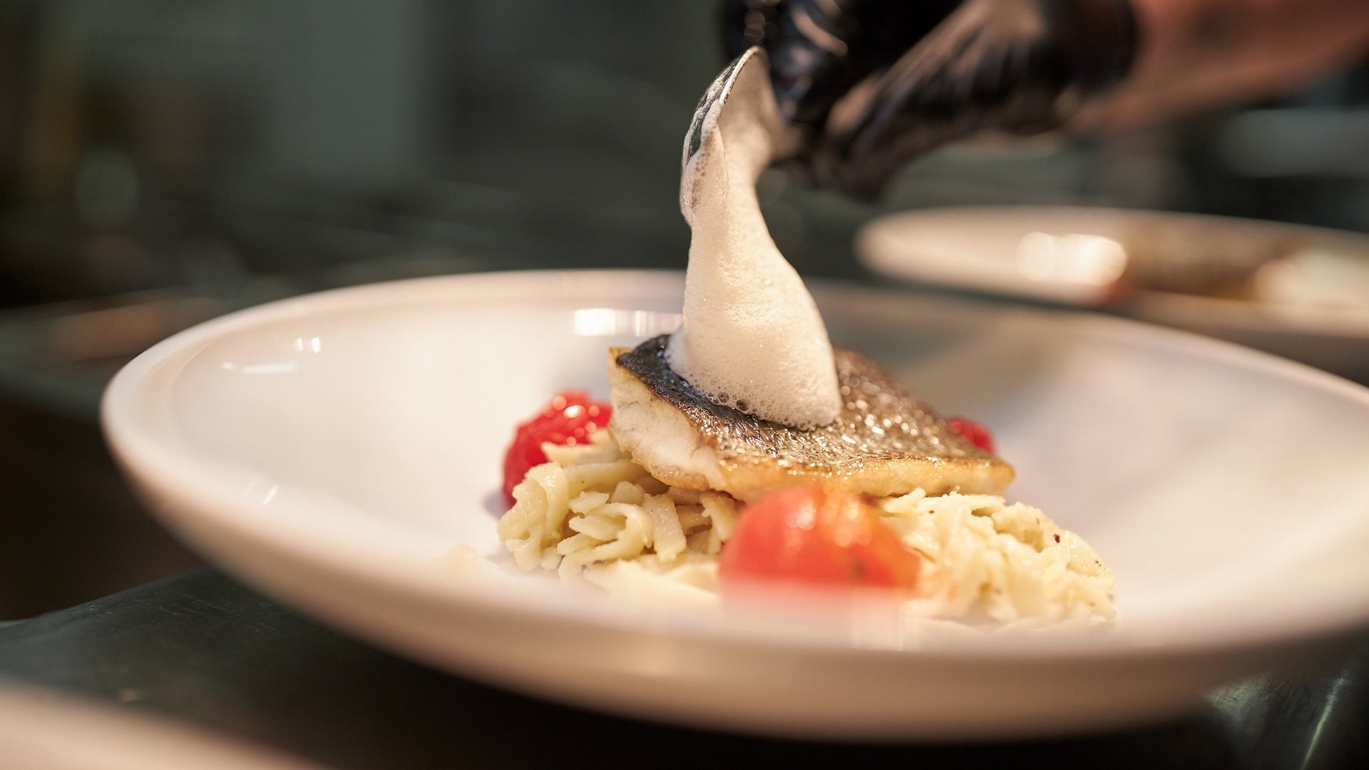 Haubenküche in Grän – regionale Produkte, internationale Raffinesse Fein angerichteter Fisch mit Schaum und Gemüse auf weißem Teller