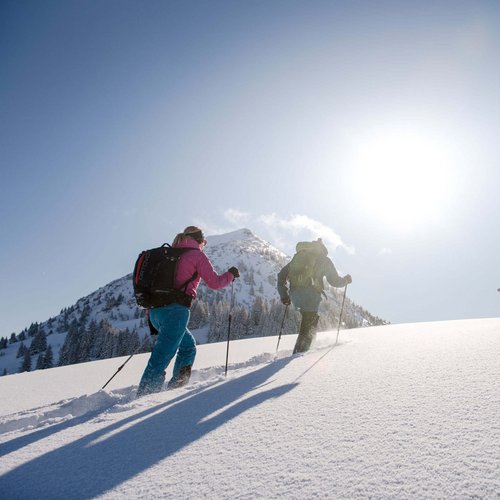 Hotel Sonnenhof Zwei Schneeschuhwanderer steigen bei Sonnenschein zum Gipfelkreuz auf