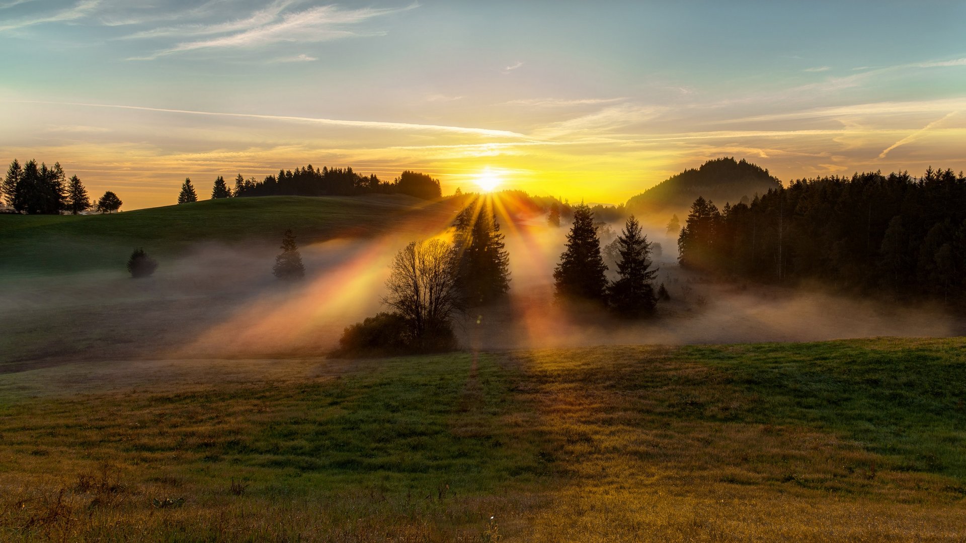 Hotel Sonnenhof Sonnenaufgang über nebligen Hügeln mit Bäumen und klar blauem Himmel.