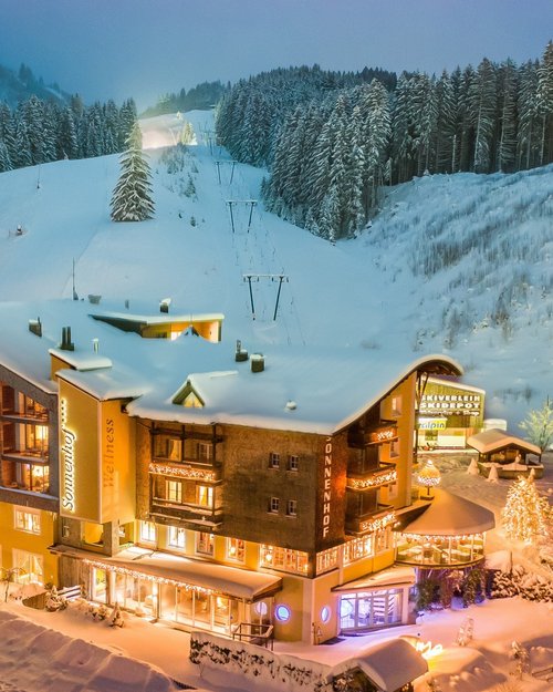 Hotel Sonnenhof Illuminated hotel in snowy winter forest at night with ski slope in background