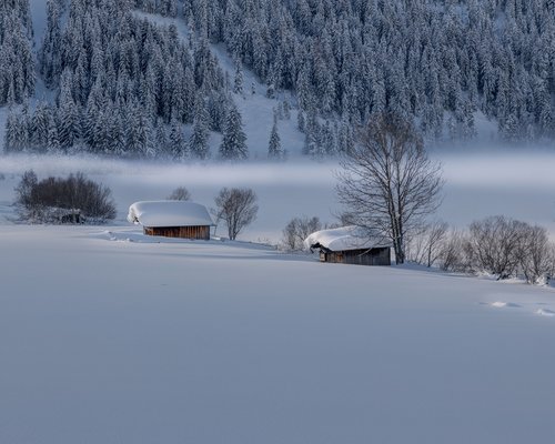 Hotel Sonnenhof Verschneite Holzhütten vor einem verschneiten Wald im Winter