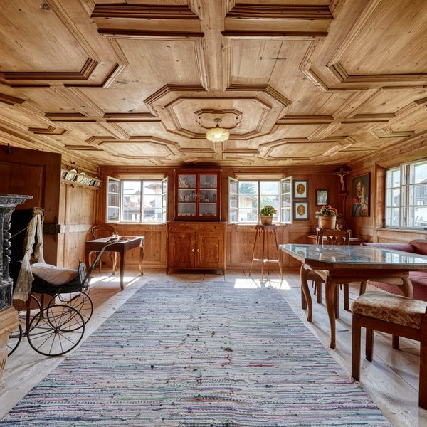 Hotel Sonnenhof Rustikaler Raum mit Holzverkleidung, antiker Möbel und Gemälden an der Wand